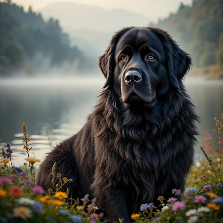 Adorable black Newfoundland dog sitting on the bank of a mountain lakeの素材
