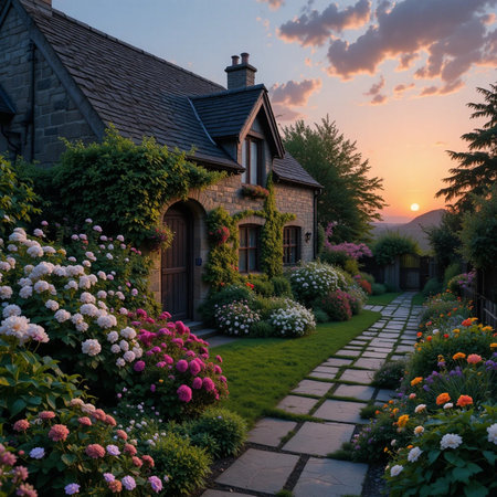 Sunset in the English garden with a beautiful house and flowers.の素材