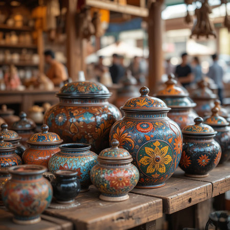 Traditional turkish pottery for sale at the Grand Bazaar in Istanbul, Turkeyの素材