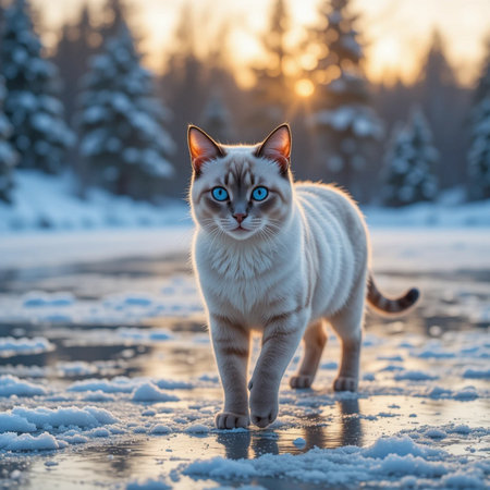 White cat with blue eyes walks in the winter forest at sunset.の素材