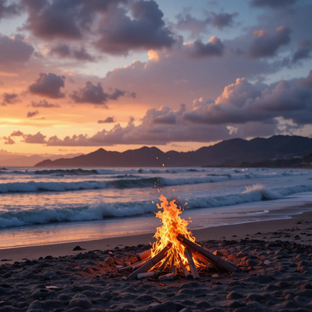 Bonfire on the beach at sunset in Costa Rica, Central Americaの素材
