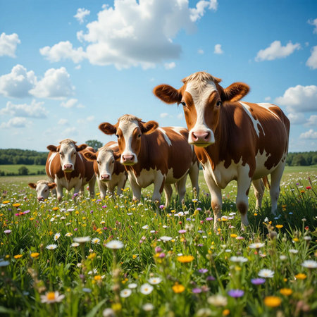 Herd of cows grazing in a meadow with daisiesの素材