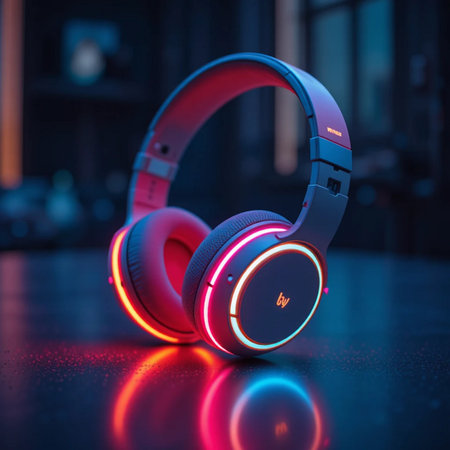 Headphones with blue and pink neon light. 3D Renderingの素材