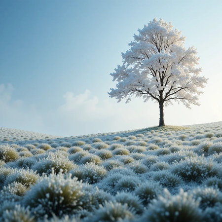 Frosty winter landscape with lonely tree in the meadow.の素材
