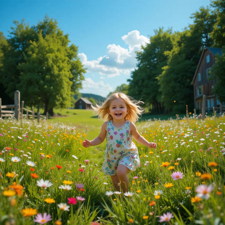 Cute little girl running in the meadow with colorful flowers.の素材