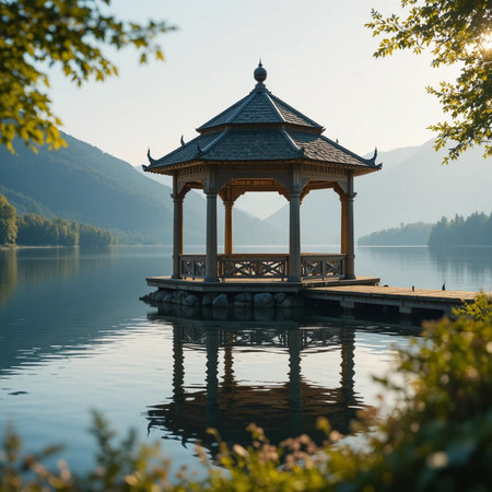 Beautiful gazebo on the lake in the morning.の素材