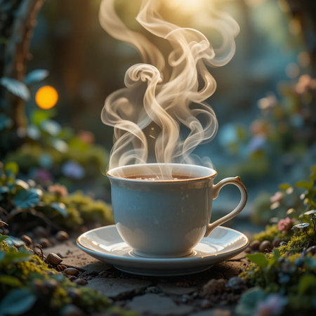 Cup of coffee with steam on the background of spring flowers.の素材