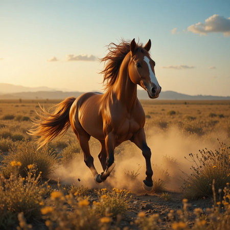 Horse galloping in the prairie at sunset, California, USAの素材