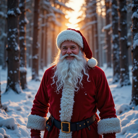 Portrait of Santa Claus in the forest at sunset. Christmas concept.の素材