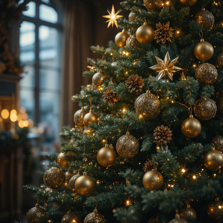 Christmas tree with gold decorations on the background of the interior of the roomの素材