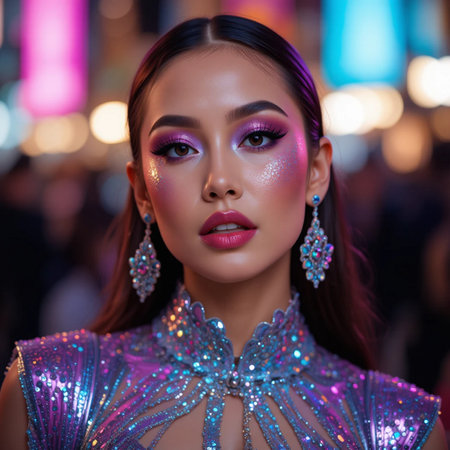 Portrait of a beautiful Asian woman with bright makeup and purple sequins on the face.の素材