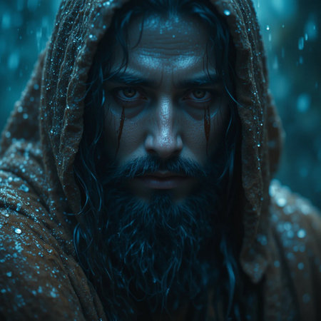 Portrait of a man with a long beard in the rain.の素材