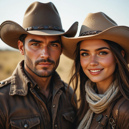 Close-up portrait of a beautiful young couple in cowboy hats.の素材