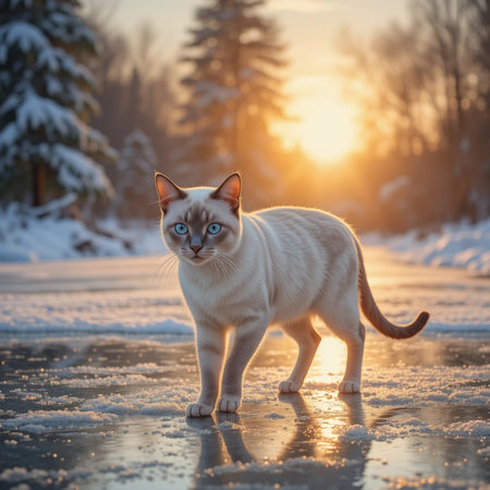Beautiful white cat on the ice in the winter forest at sunsetの素材