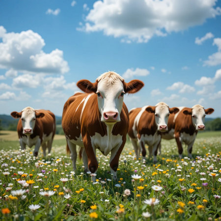 Herd of cows in a meadow with daisies and blue skyの素材