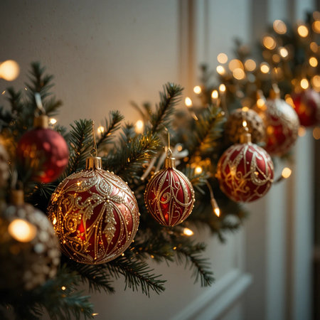 Christmas tree decorated with red and gold baubles and garlands.の素材