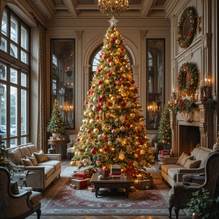 Luxury living room decorated for Christmas with a beautiful Christmas treeの素材