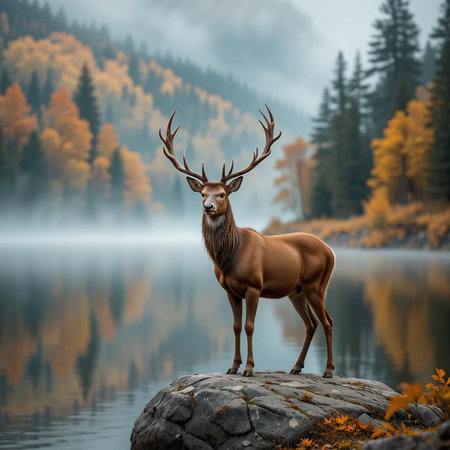 Majestic red deer stag standing on a rock in front of a mountain lake.の素材