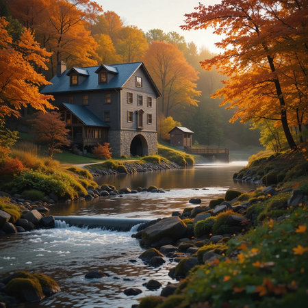 Wooden house on the bank of the river in the autumn forestの素材