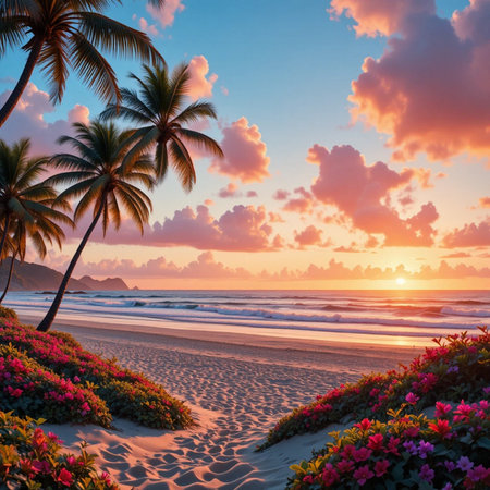 Tropical beach with palm trees and blooming flowers at sunsetの素材