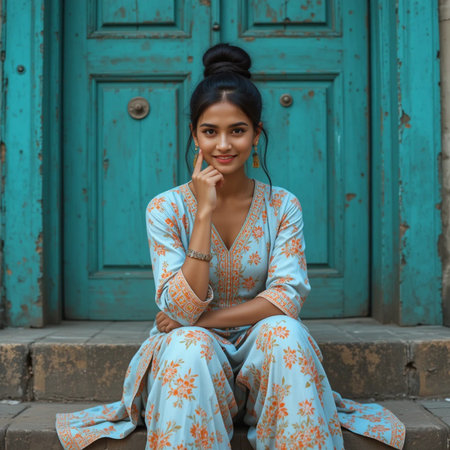 Beautiful young Indian woman in saree sitting on the stairsの素材