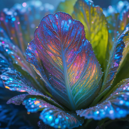 Close-up of ornamental cabbage leaves with dew drops.の素材