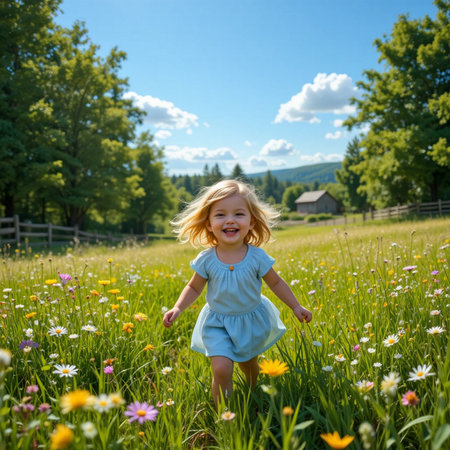 Cute little girl running on a meadow with wildflowersの素材