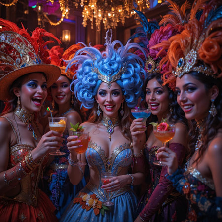 Group of beautiful young women in colorful carnival costume drinking cocktails.の素材
