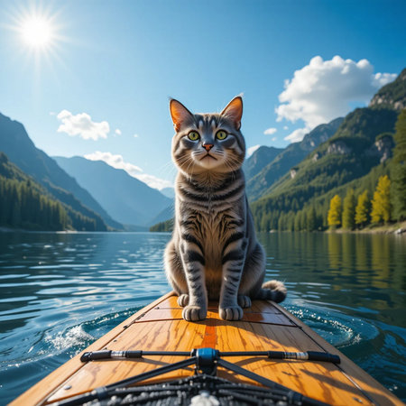 Cute tabby cat sitting on paddle board on lake in mountainsの素材