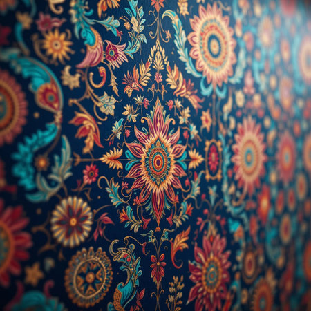 Beautiful Indian paisley pattern on a blue background.の素材