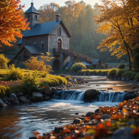 Beautiful autumn landscape with a small church in the middle of the riverの素材