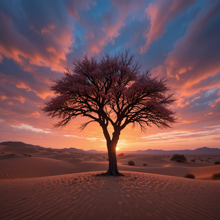 Sunset in the desert with a tree and sand dunes.の素材