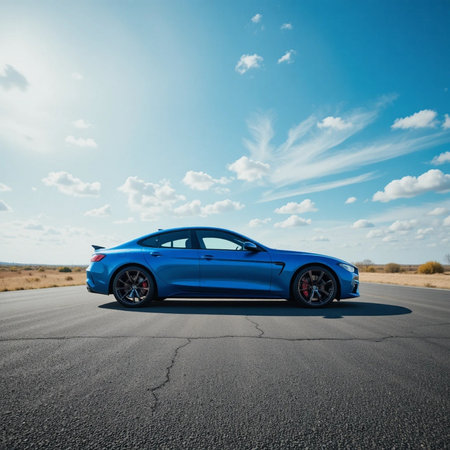 Blue sport car on the road with blue sky and white clouds.の素材