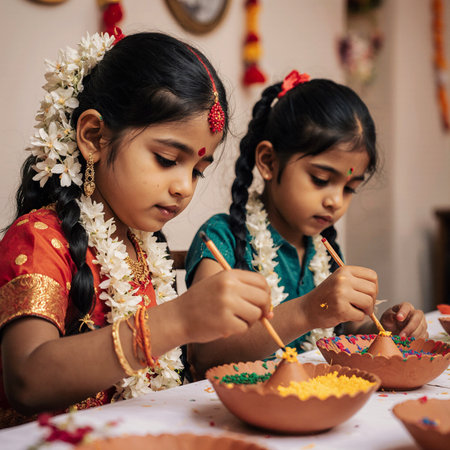 Cute little girls playing with clay during diwali festival.の素材
