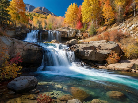 Waterfall in the autumn forest. Mountain river with clear water.の素材