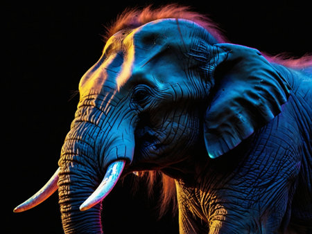 Elephant on black background with colorful light. Close-up.の素材