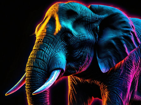 Elephant in neon light on black background. 3d illustration.の素材