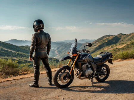 Motorcyclist in leather jacket and helmet standing on a dirt roadの素材