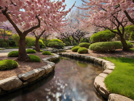 Cherry blossoms in full bloom in a Japanese garden, springの素材