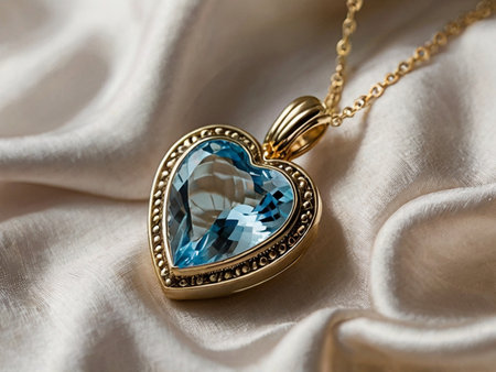 jewelry pendant with blue heart on white satin backgroundの素材