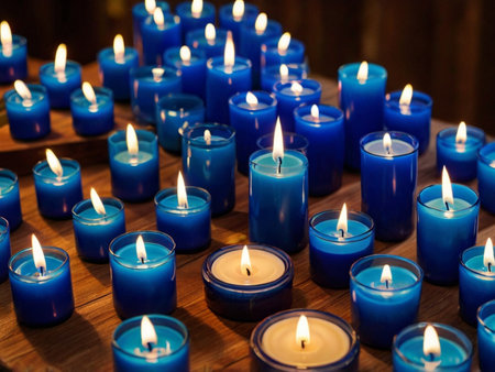 Burning blue candles in church. Selective focus. Shallow depth of field.の素材