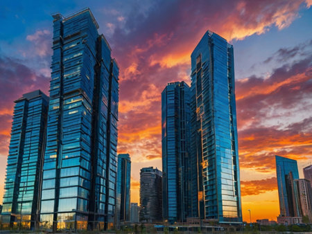 Modern skyscrapers at sunset in Dubai, United Arab Emirates.の素材