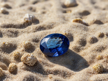 Blue sapphire on the sand. Blue sapphire on the beach.の素材