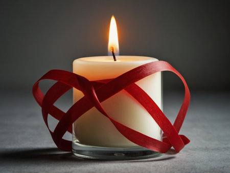 Candle with red ribbon on gray background. Valentine's day conceptの素材