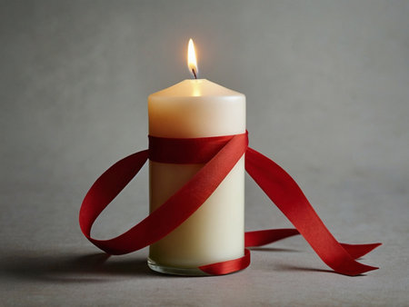Candle with red ribbon on a gray background. Copy space.の素材