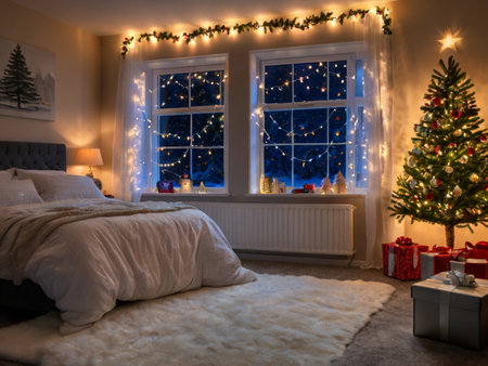 Beautiful bedroom with Christmas tree and presents in front of windowの素材