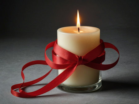 Burning candle with red ribbon on gray background, space for textの素材