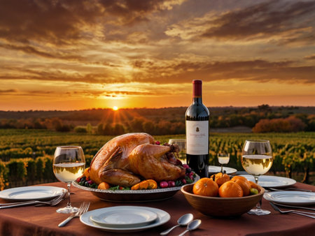 Thanksgiving dinner with roasted turkey and wine in vineyard at sunsetの素材