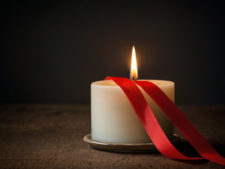 Burning candle with red ribbon on old wooden table and dark backgroundの素材