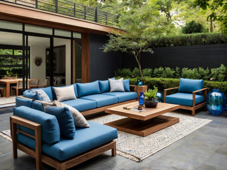 Outdoor patio with blue sofa and coffee table in the garden.の素材